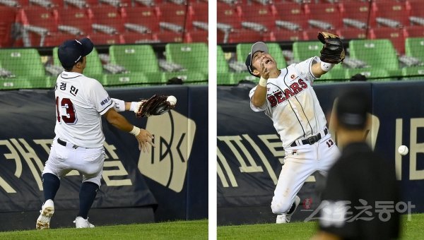 19일 서울 잠실야구장에서 ‘2021 신한은행 SOL KBO리그’ KIA 타이거즈와 두산 베어스 경기가 열렸다. 6회초 2사 1,2루 상황에서 두산 허경민이 아쉽게 파울볼을 놓치고 있다. 잠실 | 김종원 기자 won@donga.com