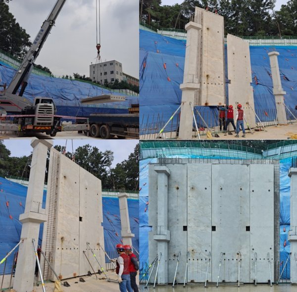 한화건설이 한성PC건설, 에센디엔텍과 공동 개발한 지하주차장 PC 외부벽체를 한화 포레나 수원장안 현장에 시범 시공 중인 모습. 사진제공 | 한화건설