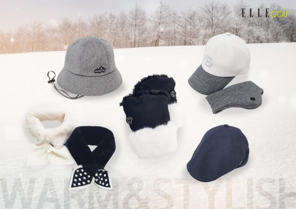 엘르골프의 다양한 ‘방한용 아이템’. 왼쪽 위부터 시계방향으로 턱 스트링 벙거지 햇, 탈부착 귀달이 니트 챙배색 캡, 시보리 귀달이 도리구찌, 퍼 니트배색 머플러, 장갑 커버 손등 토시. 사진제공 | 엘르골프