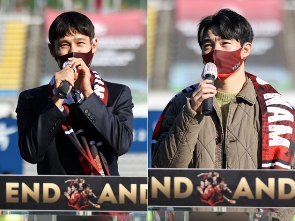 배기종(왼쪽)과 안성남 은퇴식 장면. 사진제공 | 한국프로축구연맹