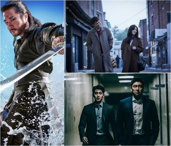2022년 새해 1월은 톱스타급 연기자들의 스크린 공략과 함께 문을 연다. ‘해적:도깨비 깃발’의 권상우, ‘해피 뉴 이어’의 김영광·한지민, ‘경관의 피’의 조진웅·최우식(왼쪽 사진부터 시계방향으로)이 그 주역이다. 사진제공｜롯데엔터테인먼트·CJ ENM·에이스메이커무비웍스