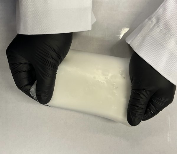 SK이노베이션이 미국 조지아텍 이승우 교수와 전고체 배터리 시대를 앞당기기 위해 협력한다. 이승우 교수와 카이스트가 공동 개발한 고무 형태의 고분자 고체 전해질. 사진제공｜SK이노베이션