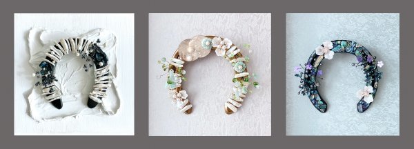 초대전 출품 작품, 왼쪽부터 ‘밤의 눈꽃‘, ‘보름달‘, ‘자개정원‘ 편자, 자개, 비즈 등. 사진 | 한국마사회