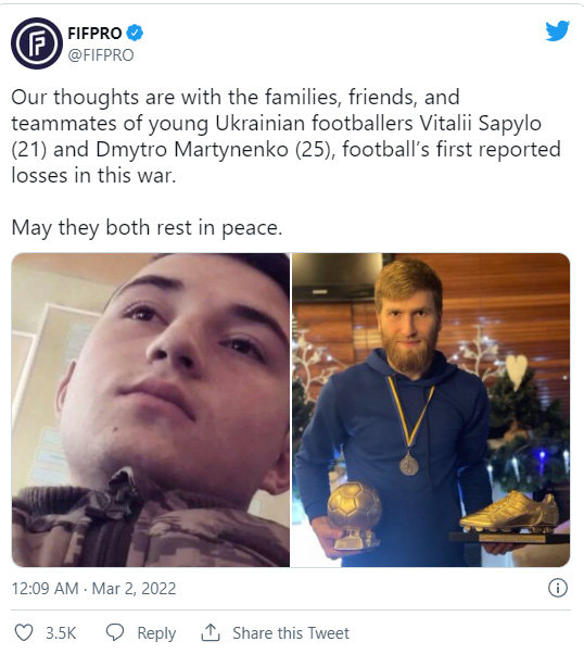 국제축구선수협회(FIFPro)는 소셜 미디어를 통해 우크라이나 축구 선수 2명의 사망 소식을 전했다.