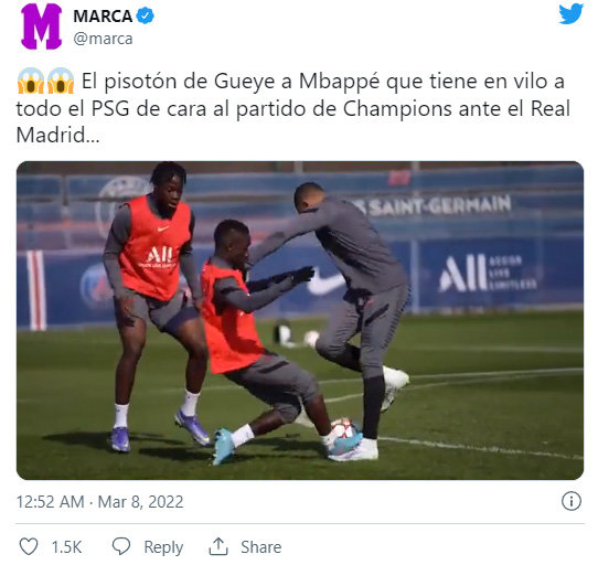 스페인 매체 마르카가 촬영해 트위터에 공개한 영상. 음바페의 왼발이 밟히는 것을 확인 할 수 있다.