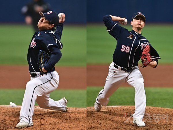 13일 서울 고척스카이돔에서 열린 ‘2022 KBO 리그’ 키움 히어로즈와 두산 베어스의 시범경기, 두산 베어스 김지용·문대원(오른쪽). 고척 | 주현희 기자 teth1147@donga.com