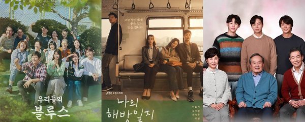 ‘우리들의 블루스’, ‘나의 해방일지’, ‘현재는 아름다워’(왼쪽부터). 사진｜tvN·JTBC·KBS