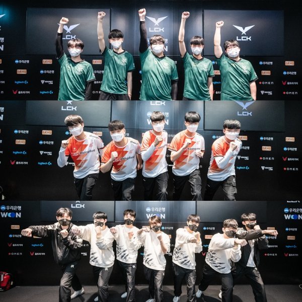 ‘LoL 챔피언스 코리아’(LCK) 스프링 플레이오프의 남은 티켓 2장을 놓고 경쟁하는 프레딧 브리온과 광동 프릭스, KT 롤스터(위쪽부터). 사진제공|LCK