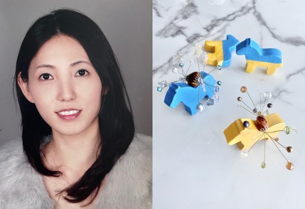 김은영 작가(왼쪽), 우크라이나 국기를 테마로 한 김은영 작가의 작품