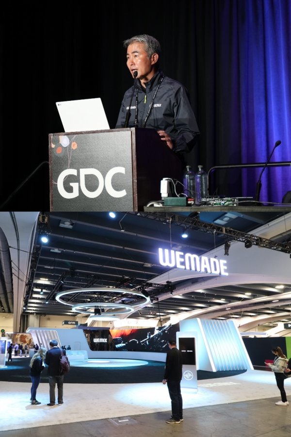 ‘GDC 서밋’에서 ‘P&E: 블록체인 경제로 게임을 변화시키다’를 주제로 발표하고 있는 장현국 위메이드 대표(위), ‘GDC 2022’가 열린 미국 샌프란시스코 모스콘센터 내 위메이드 부스. 사진제공｜위메이드