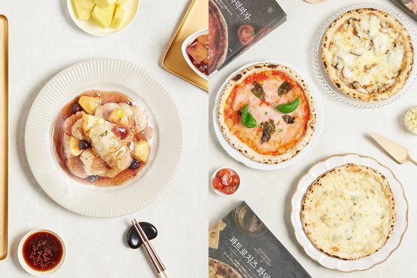 파라다이스호텔 부산의 육즙과일탕수육(왼쪽), 파라다이스시티 라스칼라의 피자 3종.
사진 | 현대식품관 투홈