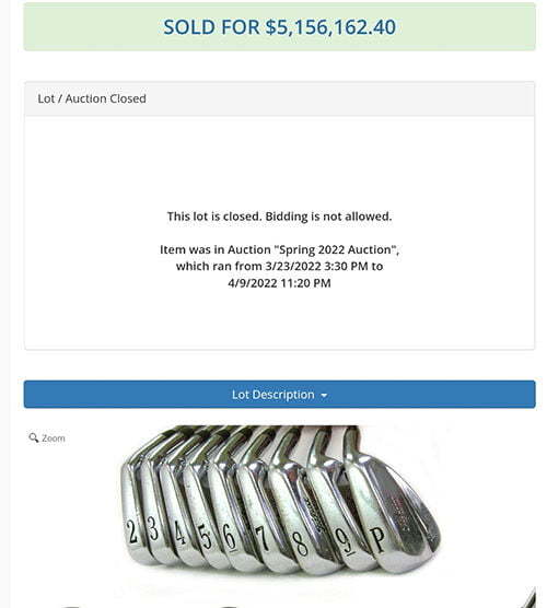 타이거 우즈의 타이거 슬램 달성 당시 아이언 세트 경매 결과. 사진=골든 에이지 옥션 인터넷 홈페이지 화면 캡처
