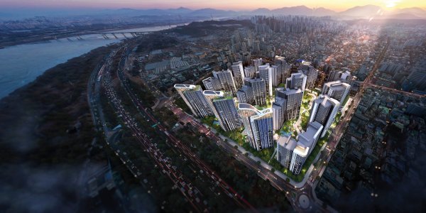 롯데건설과 현대건설이 공동 수주한 선사현대아파트 리모델링 사업 조감도. 총 공사비가 1조 원을 훌쩍 넘는 사상 최대규모의 리모델링 사업이다. 사진제공 | 롯데건설