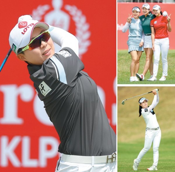 7언더파 65타로 단독 선두에 오른 김효주가 1번홀에서 티샷을 하는 모습. 윤이나, 김아림, 문정민(왼쪽부터)이 1번홀 티샷후 
포즈를 취하고 있다. 대회 3연패에 도전하는 박민지가 10번홀에서 아이언샷을 하고 있다(왼쪽부터 시계방향). 사진제공｜KLPGA