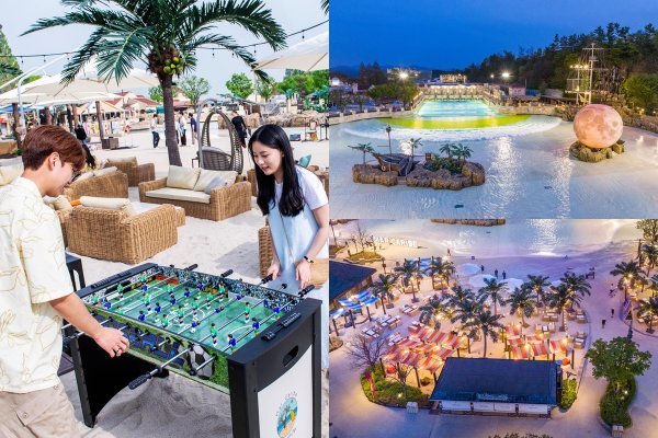 ‘마르 카리베’의 힐링존. 야외 파도풀 앞 260여석 규모로 야자나무와 백사장으로 꾸민 공간에 빈백체어, 해먹 등을 갖추고 있고
테이블 축구인 푸스볼 등의 게임도 즐길 수 있다. 위쪽 작은 사진은 파도풀 안의 10m 대형 보름달 조형물이 환상적인 ‘마르
카리베’의 야경. 사진제공|삼성물산 리조트 부문