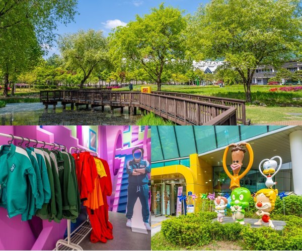 서울창포원 습지원에 조성한 데크길. 둘리뮤지엄 앞의 만화 캐릭터 조형물들. 도우너, 또치, 희동이, 마이콜 등 친근한 얼굴들이다.
오징어게임 체험관에 있는 포토존. 드라마 속 의상을 입고 사진을 찍을 수 있다(위부터 시계방향). 사진제공|서울관광재단
