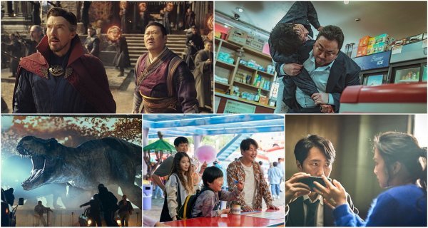 영화 ‘닥터 스트레인지: 대혼돈의 멀티버스’와 ‘범죄도시2’(왼쪽)가 관객몰이에 성공하면서 극장가에 활기를 불어넣고 있다. 쥬라기월드:도미니언·브로커·헤어질 결심(아래 왼쪽부터). 사진제공｜월트디즈니컴퍼니코리아·메가박스중앙(주)플러스엠·유니버셜픽쳐스·CJ ENM