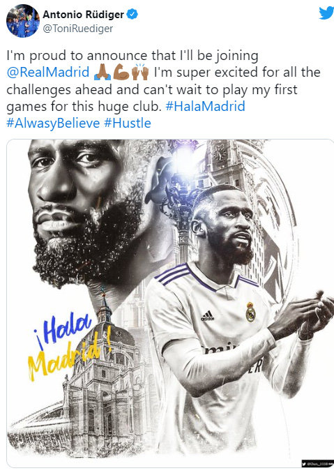 뤼디거는 트위터를 통해 레알 마드리드와 계약해 흥분되고 자랑스럽다고 말했다.