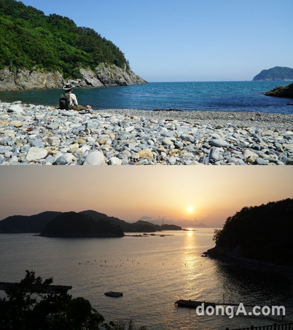 연대도에 있는 오붓한 몽돌해변. 둥근 조약돌에 부딪치는 파도소리가 마음에 힐링을 주는 명품 ASMR이다(위 사진).남해의 일몰 
맛집으로 정평이 난 통영 미륵도에 위치한 한려해상생태탐방원에서 바라본 일몰. 잔잔하면서 고운 자태가 강렬한 서해 낙조와는 또 다른
 매력이 있다.  통영｜김재범 기자 oldfield@donga.com