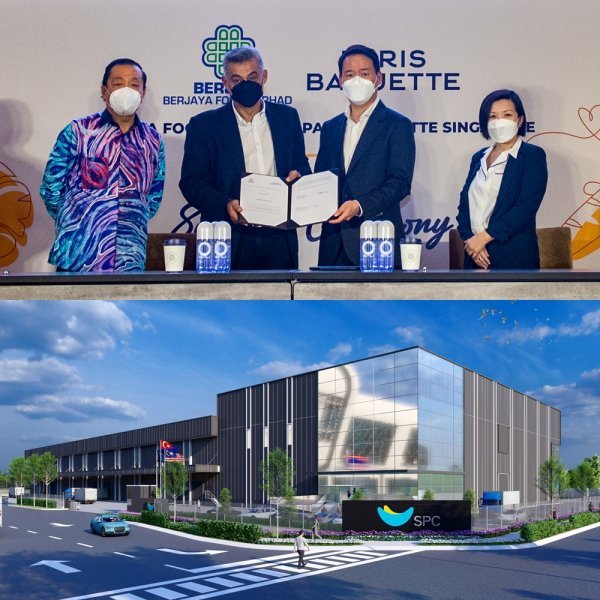 빈센트 탄 버자야 회장, 시드니 키스 버자야 푸드 CEO, 허진수 SPC그룹 사장, 하나 리 파리바게뜨 동남아지역 총괄 CEO(위 사진 왼쪽부터). 말레이시아 ‘SPC 조호르바루 공장’ 조감도. 사진제공 l SPC