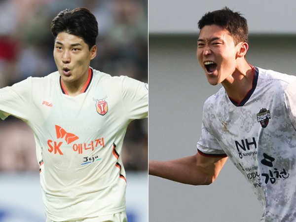 제주 주민규(왼쪽), 김천 조규성. 사진제공 | 한국프로축구연맹