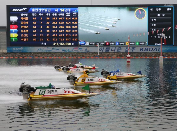 미사리경정장의 레이스 모습. 27회차로 끝난 2022 시즌 전반기에서는 2기 김종민이 첫 500승  고지에 등극하면서 경정 대세임을 입증했고, 규정 변경으로 인해 플라잉 위반이 역대급으로 늘었다. 사진제공｜국민체육진흥공단