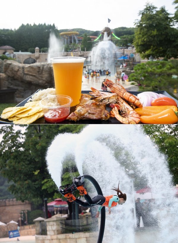 15일부터 하버마스터에서 진행하는 여름 바비큐 축제 ‘메가 바비큐&비어 페스티벌’. 폭립·소시지·학센 등 바비큐 메뉴들과
생맥주를 즐길 수 있다(위 사진). 25일부터 야외 파도풀에서 진행하는 메가 플라이보드쇼. 세계 챔피언인 박진민 선수를 비롯한
최정상급 플라이보더들의 수상 퍼포먼스가 펼쳐진다. 사진제공|삼성물산 리조트 부문