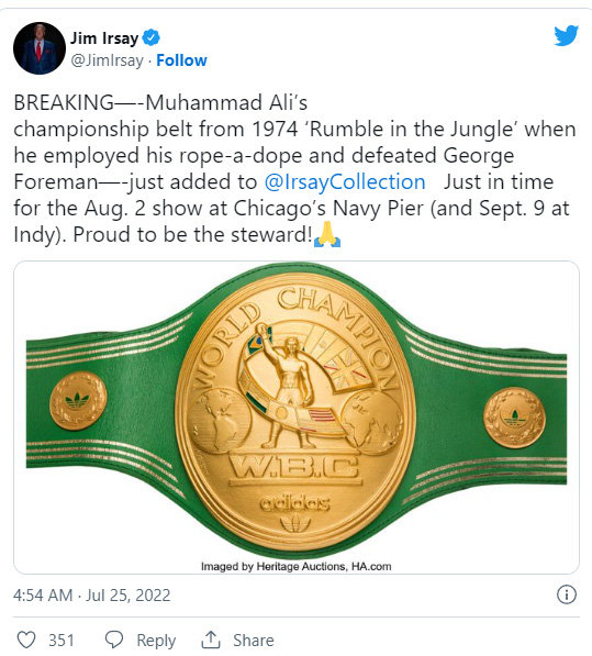 알리의 챔피언 벨트를 낙찰받은 짐 어세이의 트윗.