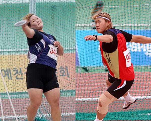신유진(익산시청·왼쪽)은 지난해 고졸 1년차로서 실업무대에서 여자 원반던지기 한국기록(57m39)을 수립하는 저력을 과시했다. 고교시절부터 우러러 본 정지혜(포항시청·오른쪽)와의 올 시즌 맞대결도 5승 2패로 앞서있어 다가올 KTFL 챔피언십과 전국체전에서의 맹활약이 기대된다. 사진제공 I 대한육상연맹