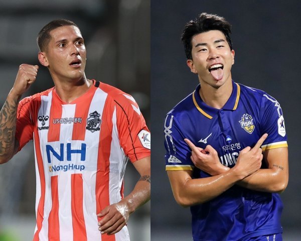 경남 티아고(왼쪽)·충남 유강현. 사진제공 | 한국프로축구연맹