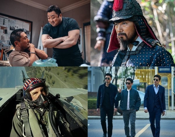 ‘범죄도시2’, ‘한산: 용의 출현’, ‘공조2: 인터내셔날’, ‘탑건: 매버릭’(왼쪽 위부터 시계방향) 등 속편 영화들이 극장가에 활기를 불어넣고 있다. 사진제공|에이비오엔터테인먼트·롯데엔터테인먼트·CJ ENM