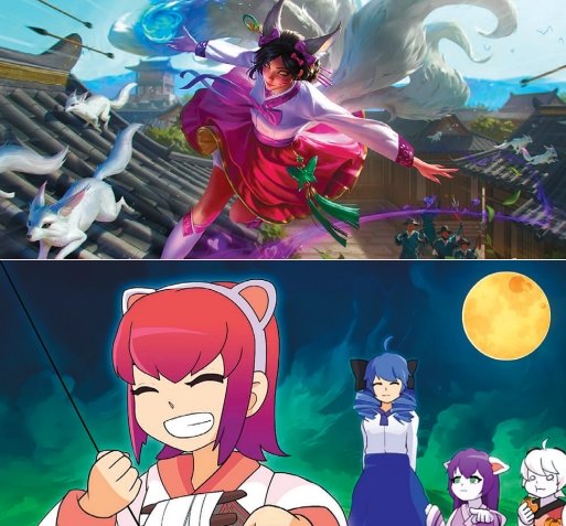 한국을 대표하는 LoL 챔피언 ‘아리’(위)와 한가위를 즐기는 챔피언들의 일상을 담은 이벤트 소개 영상.  사진제공｜라이엇게임즈