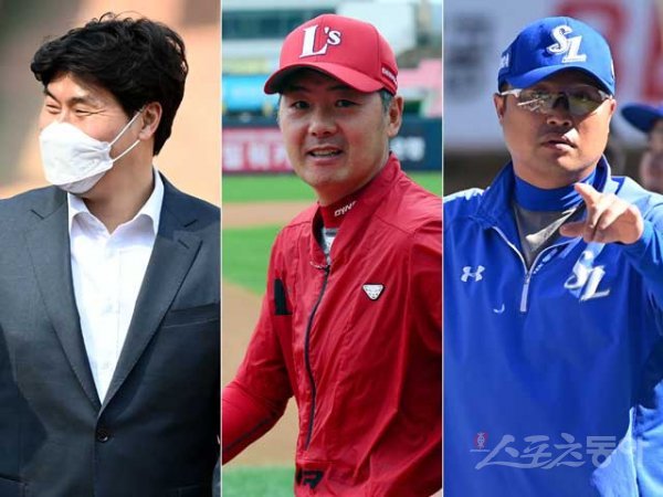 장성호 KBSN해설위원, 김원형 SSG 감독, 박한이 삼성 타격코치(왼쪽부터). 스포츠동아DB