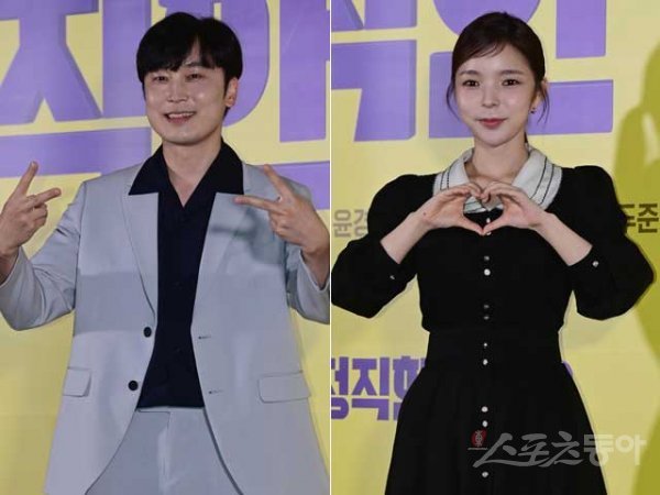 배우 서현우(왼쪽), 박진주가 20일 서울 강남구 삼성동 메가박스 코엑스점에서 열린 영화 ‘정직한 후보2’ 언론시사회에서 포즈를 취하고 있다. 주현희 기자 teth1147@donga.com