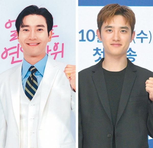 ENA ‘얼어죽을 연애따위’의 주역인 그룹 슈퍼주니어의 최시원(왼쪽)과 KBS 2TV ‘진검승부’를 주연하는 엑소의 도경수가 5일
 각각 열린 온라인 제작발표회 무대에 올라 주먹을 힘껏 쥐고 포즈를 취하고 있다. 사진제공｜ENA·KBS