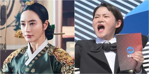 배우 김혜수(왼쪽)과 방송인 김신영이 각각 tvN 새 토일드라마 ‘슈룹’과 KBS 1TV ‘전국노래자랑’을 통해 화제몰이를 하고 있다. 각 사진은 프로그램의 한 장면.사진제공｜tvN·KBS