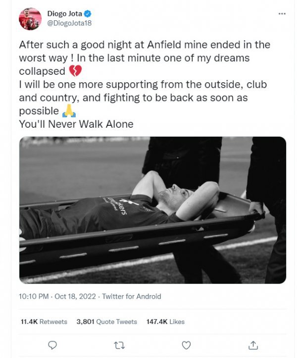 조타는 트위터를 통해 월드컵 출전이 무산됐으며, 운동장 밖에서 포르투갈을 응원하겠다고 밝혔다.