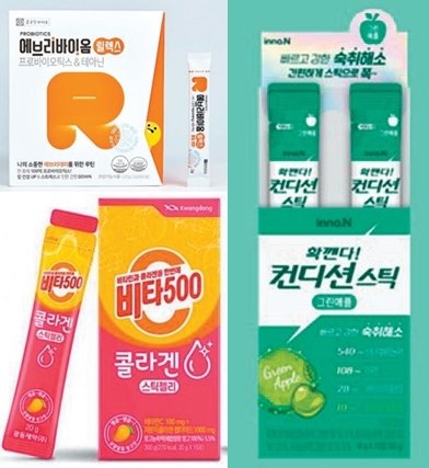 비타민C 섭취에 적극적인 젊은 여성을 겨냥해 성분은 그대로 유지하면서 기존 음료형 제형에서 과감하게 변신한 광동제약의 ‘비타500
 콜라겐 젤리’. 1일1포 섭취의 스틱형 유산균으로 휴대 및 간편함에 스트레스 해소에 도움이 되는 성분까지 추가한 종근당 바이오의
 ‘에브리바이옴 릴렉스’, 숙취해소제의 스테디셀러로 최근 MZ세대 취향에 맞춰 물 없이 섭취할 수 있는 제품으로 등장한 
HK이노엔의 ‘컨디션 스틱’(왼쪽 사진부터 시계방향). 사진제공｜HK이노엔·광동제약·종근당바이오