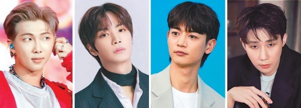 그룹 방탄소년단의 멤버 RM, 뉴이스트 출신 김종현, 샤이니의 민호, 인피니트 성규(왼쪽부터)가 저마다 솔로 활동을 준비해 팬들의 기대를 높이고 있다. 사진제공｜빅히트뮤직·에버모어엔터테인먼트·SM엔터테인먼트·더블에이치티엔이