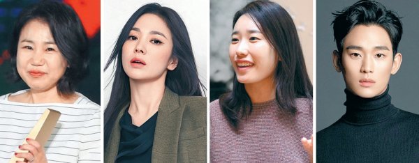김은숙 작가와 송혜교, 박지은 작가와 김수현(왼쪽부터)이 각각 차기작 ‘더 글로리’와 ‘눈물의 여왕’에서 다시 호흡을 맞추며 시너지를 노린다. 사진제공|스포츠동아·DB·미샤·골드메달리스트