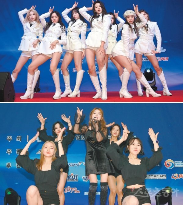 “우리가 빠질 수 없죠!” 걸그룹 클라씨와 트로트 가수 홍지윤(위부터) 5일 서울 중구 롯데호텔에서 열린 ‘메디힐과 함께하는 2022 동아스포츠대상’ 시상식 무대에 올라 화려한 공연을 펼치고 있다. 김민성 기자 marineboy@donga.com