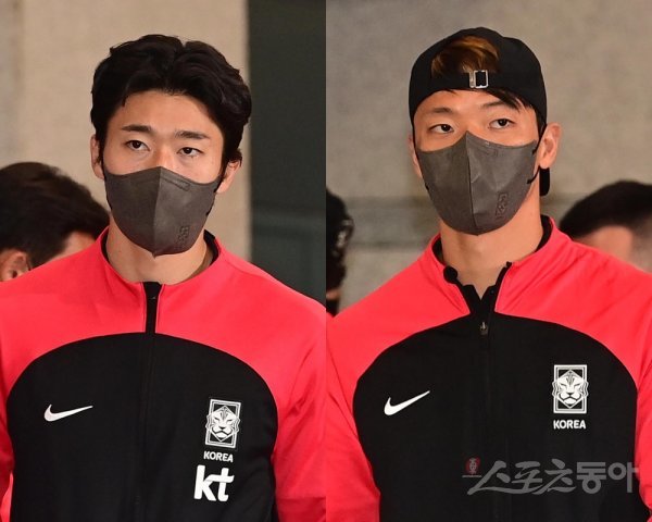 조규성(왼쪽), 황희찬. 인천국제공항 | 주현희 기자 teth1147@donga.com