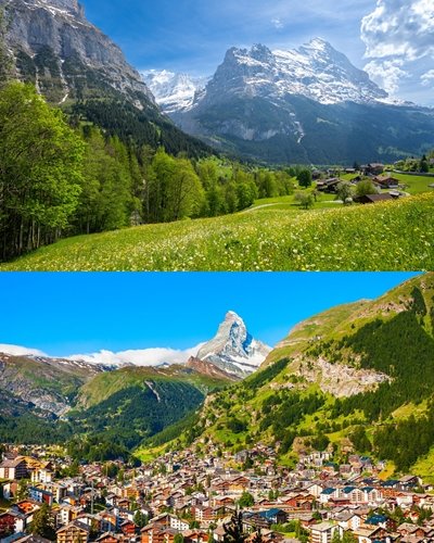 스위스 패키지지 일정에 있는 융프라우 인근 그린델발트(위), 체르마트와 마터호른.