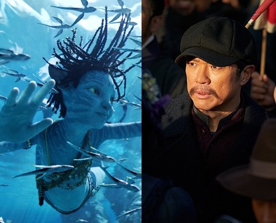 SF블록버스터 ‘아바타: 물의 길’과 뮤지컬영화 ‘영웅’(왼쪽부터)이 연말 극장가에서 흥행 맞대결을 벌인다. 사진은 영화의 한 장면. 사진제공|월트디즈니컴퍼니코리아·CJ ENM