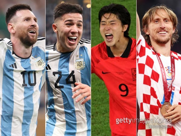 카타르월드컵은 노장의 라스트 댄스와 신성의 쇼케이스가 돋보인 대회였다. 5번째 월드컵에서 우승컵을 들어올린 리오넬 메시, 이번 대회 가장 빛난 신성 엔소 페르난데스, 한국의 12년만의 16강행을 이끈 조규성, 3위로 마지막 월드컵을 마친 루카 모드리치(왼쪽부터). 사진=게티이미지코리아