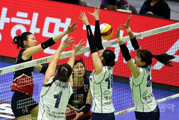 22일 경기도 수원체육관에서 ‘2022-2023 도드람 V리그’ 수원 현대건설과 김천 한국도로공사의 여자부 경기가
열렸다. 현대건설 양효진이 한국도로공사 블로커를 피해 공격을 펼치고 있다. 수원 | 김민성 기자
marineboy@donga.com