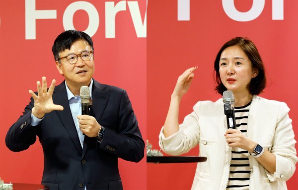 ‘11번가 2.0’의 실행 전략을 설명하고 있는 하형일 사장(왼쪽)과 안정은 사장. 사진제공|11번가