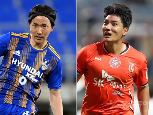 2023시즌 우승을 향한 ‘현대가’ 라이벌 전북과 울산의 장외경쟁이 휴식기에도 뜨겁다. 전북은 올 시즌 울산의 우승 주역인 미드필더 아마노 준(왼쪽)을 영입해 2선 공격을 강화했고, 울산은 제주에서 뛰던 스트라이커 주민규를 품어 막강한 최전방 공격진을 구축했다. 스포츠동아DB