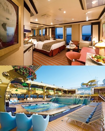 크루즈 전세선 코스타 세레나호의 그랜드 스위트룸(위), 크루즈 전세선 코스타 세레나호의 야외 수영장