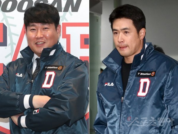 두산 양의지(왼쪽)와 김재환. 스포츠동아DB